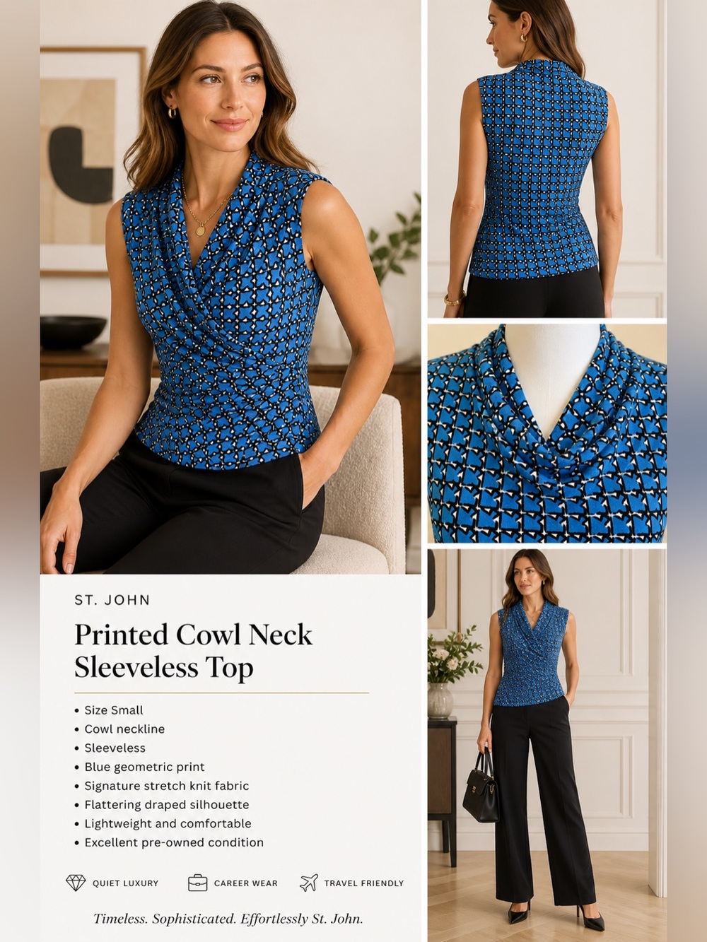 St John Cowl Neck Sleeveless Top Small Blue Print Stretch Knit Career Luxury